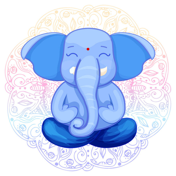 Ganesha Tanrı 'nın tatlı karakteri Lotus pozu, mandala arkaplanlı çizgi film tarzı meditasyon. İdol, ruhani heykel. Vektör illüstrasyonu - Vektör, Görsel