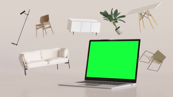 Portátil con pantalla verde en blanco y muebles voladores. Compras en línea. Una maqueta de computadora, Chroma Key. Copia espacio para vídeo, aplicación, presentación del sitio web. Venta de muebles. proyecto interior. Comercio electrónico. 3D - Imágenes, Vídeo