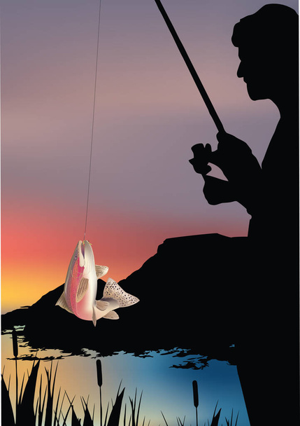 Paesaggio con pescatore con la sua preda in riva al lago - Vettoriali, immagini