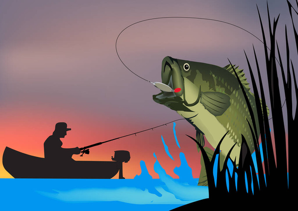 Paisaje con pescador con su presa junto al lago - Vector, imagen
