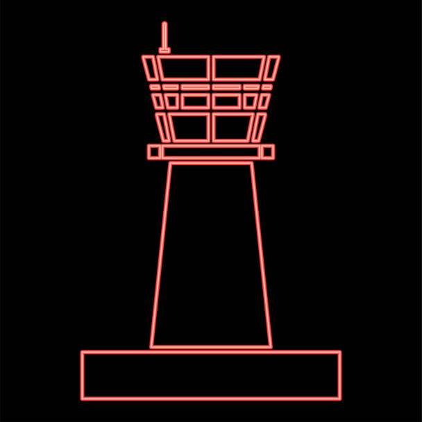 Neon letiště řídící věž řídící věž letecký provoz červená barva vektor ilustrace obrázek plochý styl světlo - Vektor, obrázek