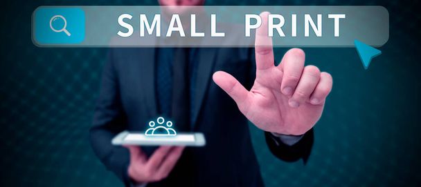 Text zobrazující inspiraci Small Print, Business koncept dokument, který obsahuje důležité detaily napsané malým písmenem - Fotografie, Obrázek