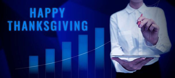 Escrevendo exibindo texto Feliz Dia de Ação de Graças, Visão geral do negócio Harvest Festival feriado nacional comemorado em novembro - Foto, Imagem
