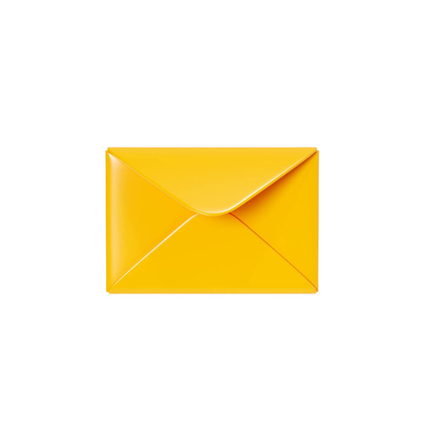 文字3Dレンダリング-白の背景に隔離された黄色の封筒を閉じます。新しいメールまたはメッセージ通知。収入の電子メールや郵便購読の概念のための漫画紙のニュースレターアイコン. - 写真・画像