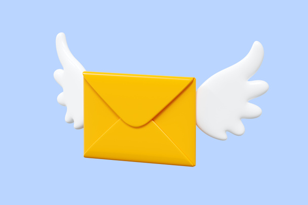 Létající dopis s křídly 3d vykreslení ilustrace. Karikatura okřídleného papíru žluté obálky pro rychlé dodání konceptu newsletter. Ikona příchozí pošty nebo zprávy. - Fotografie, Obrázek