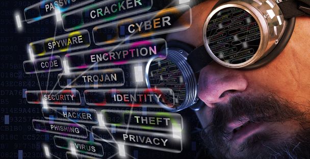 Kudły broda i wąsy człowiek studium cyber bezpieczeństwa - Zdjęcie, obraz