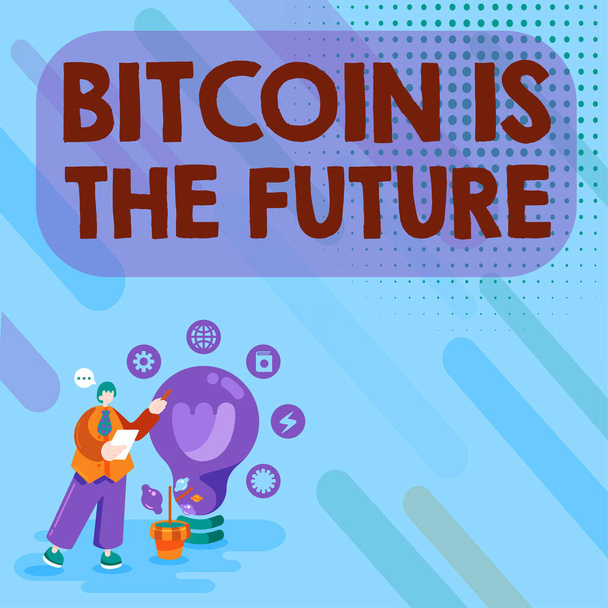 Segno di testo che mostra Bitcoin è il futuro, Parola Scritto sul mercato digitale dove i commercianti possono acquistare e vendere bitcoin - Foto, immagini