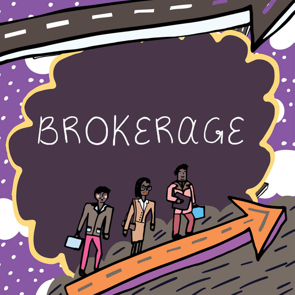 Έμπνευση που δείχνει σημάδι Brokerage, Word for χρησιμεύει ως έμπιστος πράκτορας ή διαμεσολαβητής σε εμπορικές διαπραγματεύσεις - Φωτογραφία, εικόνα