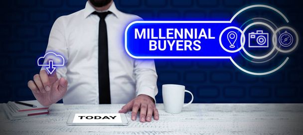Expositor conceptual Millennial Buyers, Concept meaning Tipo de consumidores que están interesados en productos de tendencia - Foto, imagen