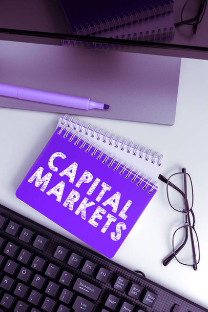 Handschrift Zeichen Capital Markets, Business showcase Erlauben Sie Unternehmen, Mittel zu beschaffen, indem sie Marktsicherheit bieten - Foto, Bild