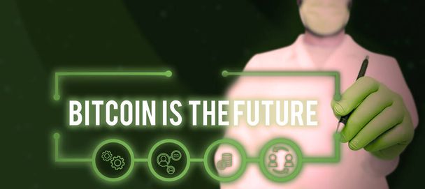 Текст почерка Bitcoin Is The Future, Word for digital marketplace, где трейдеры могут покупать и продавать биткоины - Фото, изображение