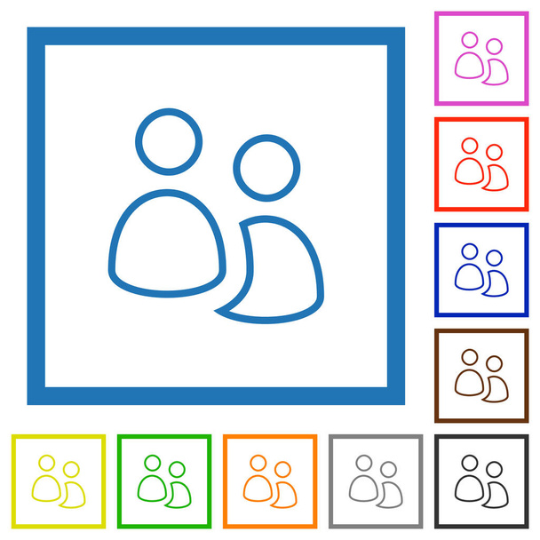 Groupe d'utilisateurs contour des icônes de couleur plate dans des cadres carrés sur fond blanc - Vecteur, image