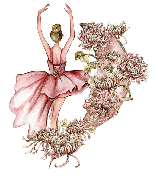 Aquarel dansen roze mooie ballerina met bloemen en maan. Aquarel hand getekend illustratie. Kan gebruikt worden voor kaarten of posters. Met witte geïsoleerde achtergrond. Jonge mooie ballerina vrouwen. - Vector, afbeelding