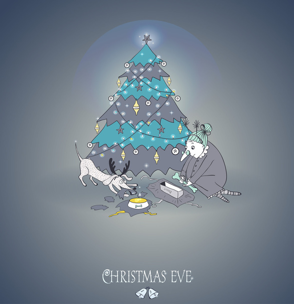 Greeting card. Grandma and the dog. Christmas theme. - Vector, Image