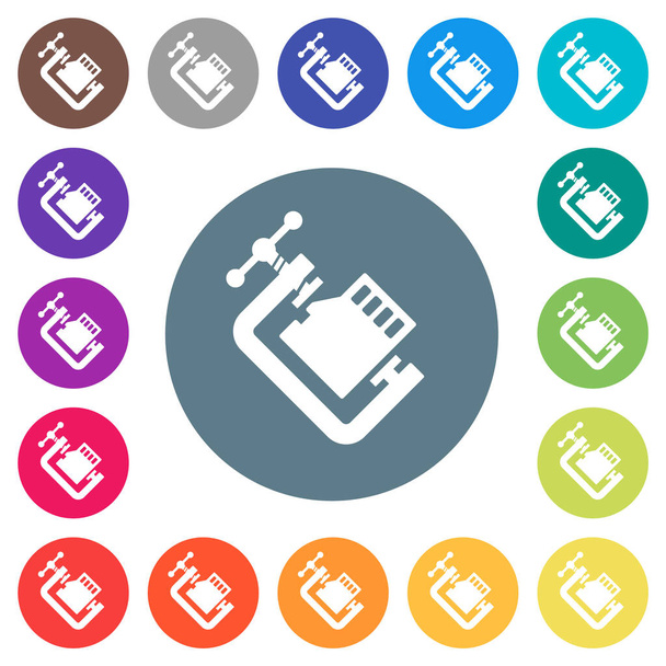 Micro tarjeta de memoria SD comprimir iconos blancos planos sólidos en fondos de color redondo. 17 variaciones de color de fondo se incluyen. - Vector, Imagen