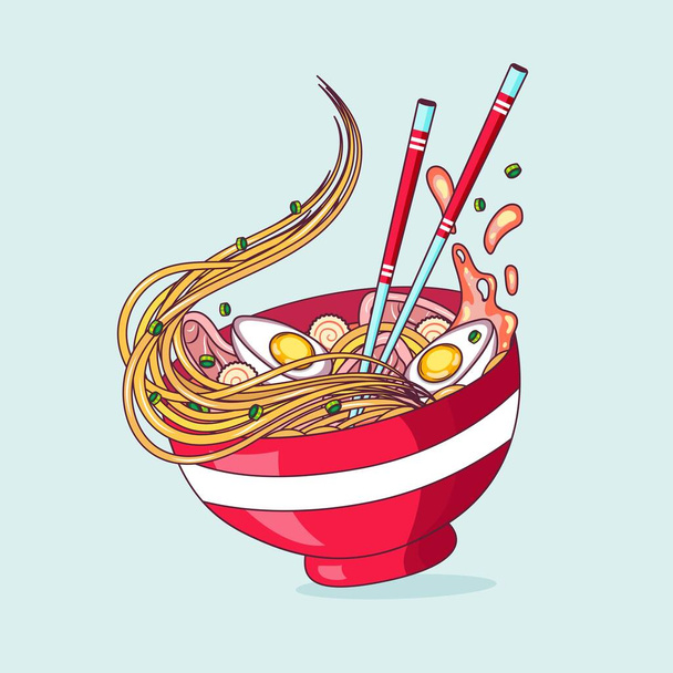 Лапша Мисо Рамен с палочками для еды изолированный вектор мультфильма - Вектор,изображение