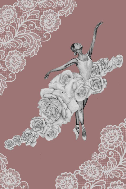 El çizimi suluboya kart şablonu çiçek ve dantelli dans eden balerin. Pembe güzel balerin. Suluboya el çizimi çizimi. Poster, davetiye, kartpostal, geçmiş ve posterler için resimler - Fotoğraf, Görsel
