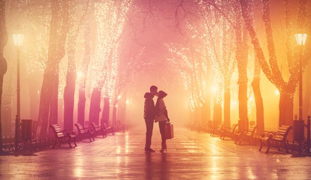 Couple avec valise s'embrassant la nuit ruelle
. - Photo, image