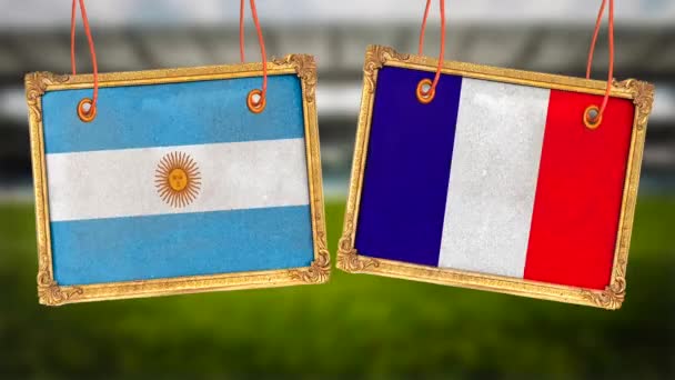 hanging photo wooden frame with France vs Argentina flags - finals football match - Footage, Video
