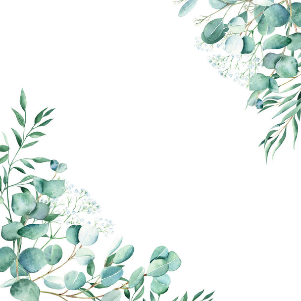 Cadre aquarelle, eucalyptus, gypsophila et branches de pistache. Verdure rustique. Illustration botanique dessinée à la main isolée sur fond blanc. Idéal pour papeterie, invitations, sauvegarder la date - Photo, image