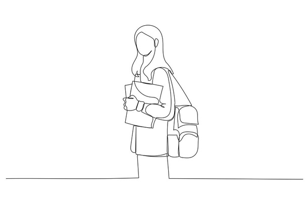 Kampüste elinde kitaplarla duran kız öğrenci karikatürü. Bir tane aralıksız resim stili. - Vektör, Görsel