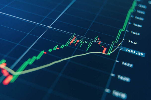 Hulpmiddelen voor crypto valuta investeringen analyse. Grafiek van digitale geldprijsbewegingen weergegeven met groene en rode kandelaars, tijdsintervallen en volumes op blauw display.  - Foto, afbeelding
