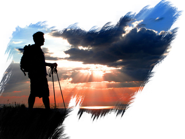 Silhouette de randonneur au coucher du soleil peint sur toile
 - Photo, image