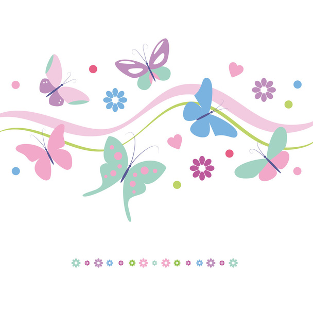 Kelebekler çiçek ve kalpleri kartı - Vektör, Görsel
