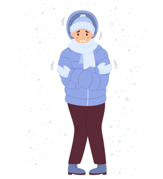 Несчастный человек замерзает в зимней одежде под снегом и дрожит. Мультфильм с плоским вектором. Зимний сезон и страдание низкой минус температурой - Вектор,изображение