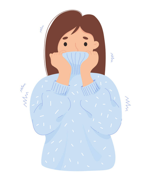 Donna congelamento indossando avvolto in maglione caldo e brividi. Illustrazione vettoriale piatta del fumetto. Concetto di malattia, stagione invernale, freddo e sofferenza a bassa temperatura - Vettoriali, immagini
