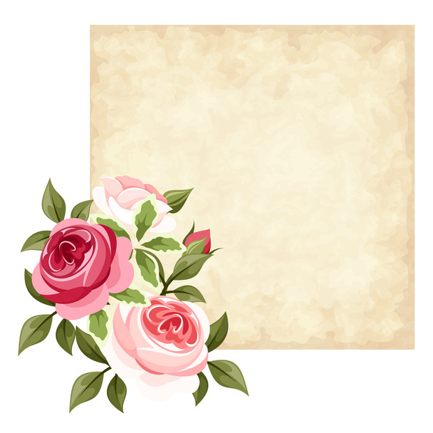 Vector parchment card with red and pink roses. - Vector, imagen