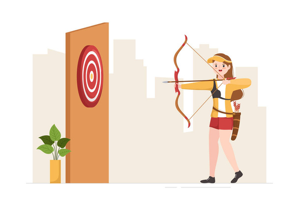 Deporte de tiro con arco y flecha apuntando al objetivo para la actividad recreativa al aire libre en ilustración de plantilla dibujada a mano de dibujos animados planos - Vector, imagen