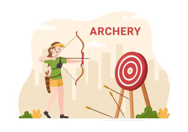 Archery Sport with Bow and Arrow Pointing at Target for Outdoor Recreational Activity in Flat Cartoon Hand Drawn Template Illustration - Vector, Image
