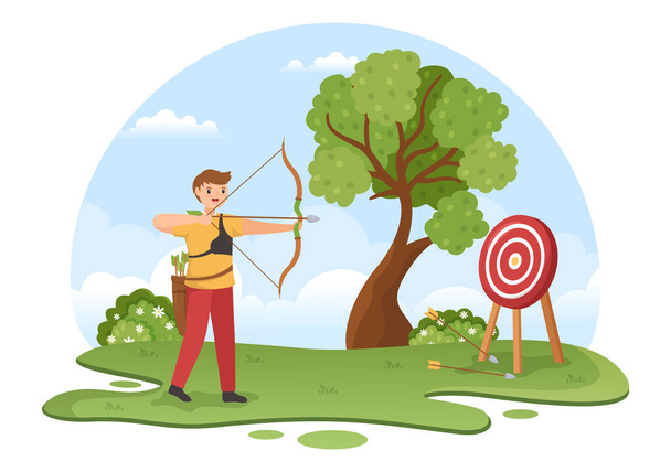 Sport de tir à l'arc avec arc et flèche pointant vers la cible pour une activité récréative en plein air dans un dessin animé plat Illustration du modèle dessiné à la main - Vecteur, image