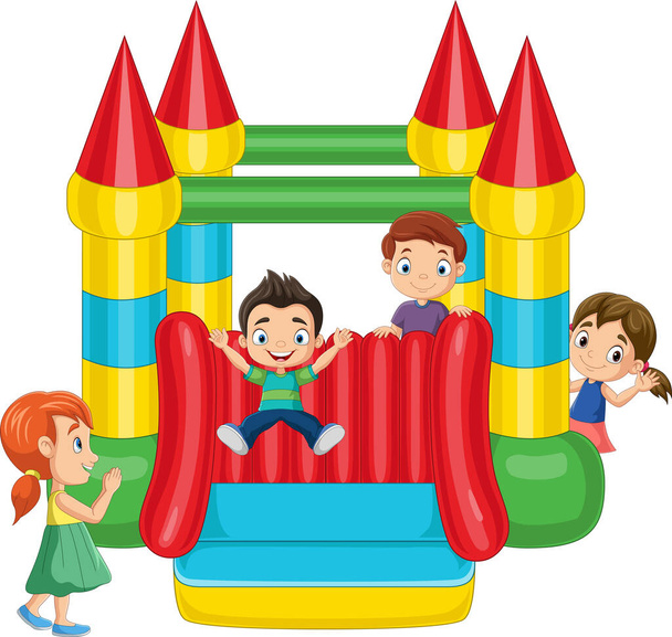 Cartoon kinderen op een springkasteel - Vector, afbeelding