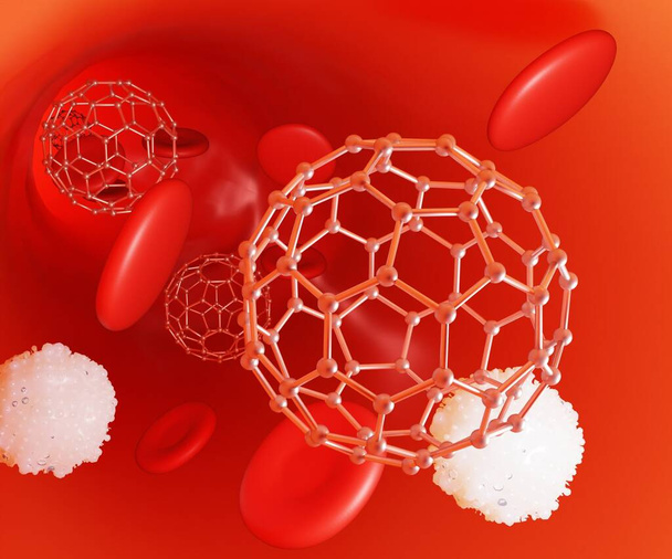 fullerene, globuli rossi e globuli bianchi nel vaso sanguigno rendering 3d - Foto, immagini
