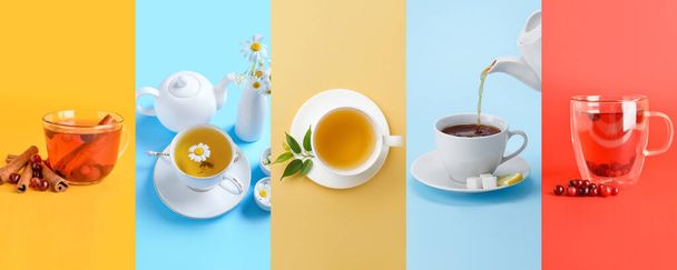 Collage de sabroso té caliente sobre fondo de color - Foto, imagen