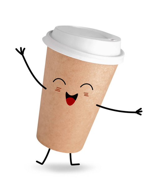 Cute happy takeaway coffee cup on white background - Photo, Image
