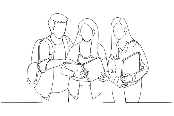 Ilustración de tres estudiantes aprendiendo leyendo un cuaderno y c - Vector, Imagen