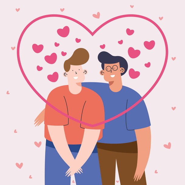 ομοφυλόφιλοι εραστές ζευγάρι με καρδιές χαρακτήρες - Διάνυσμα, εικόνα