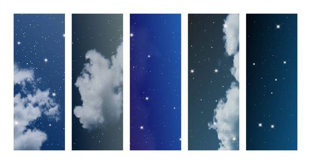 Noční obloha s mraky a mnoha hvězdami. Soubor abstraktního přírodního vertikálního pozadí s hvězdným prachem v hlubokém vesmíru. Vektorová ilustrace - Vektor, obrázek