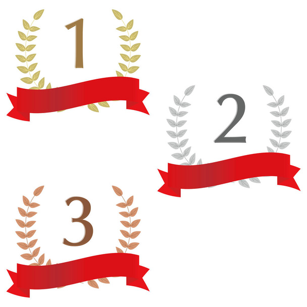 Ilustración de laureles y cintas rojas para el 1er lugar oro, 2do lugar plata y 3er lugar bronce. - Vector, imagen