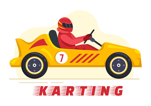 Karting Sport avec jeu de course Go Kart ou Mini Voiture sur petite piste de circuit en dessin animé plat Illustration - Vecteur, image