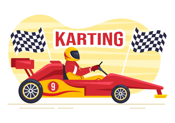 Karting Sport met Racing Game Go Kart of Mini-auto op Small Circuit Track in platte cartoon met de hand getekend sjabloon Illustratie - Vector, afbeelding