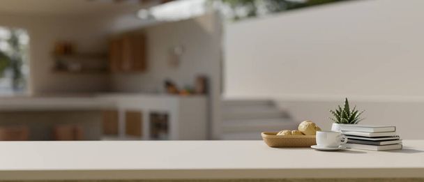 Скопируйте пространство для монтажа дисплея продукта на столешницу с чашкой кофе, хлебной корзиной и декором на размытом фоне открытой кухни кулинарного пространства. 3D рендеринг, 3D иллюстрация - Фото, изображение