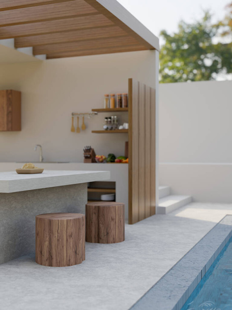 Σύγχρονη σύγχρονη πισίνα βίλα εξωτερικό σχεδιασμό με πισίνα, εξωτερική κουζίνα μαγειρέματος με συσκευές κουζίνας, υπαίθριο χώρο τραπεζαρίας και σκαμπό. 3D καθιστούν, 3d εικονογράφηση - Φωτογραφία, εικόνα
