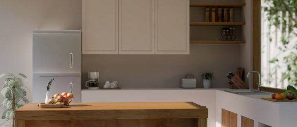Mínimo escandinavo casa cocina habitación de diseño interior con encimera de cocina blanca, nevera, armario, electrodomésticos de cocina y espacio de copia en la isla de la cocina de madera. 3d render, ilustración 3d - Foto, Imagen