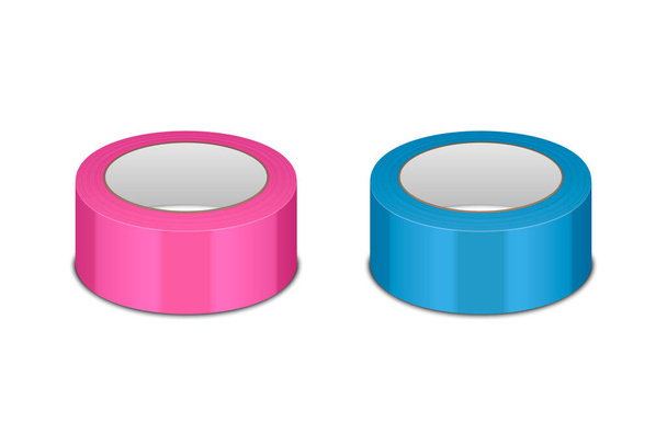 Vector 3d Realistic Glossy Pink and Blue Tape Roll Icon Set, Mock-up Closeup Isolated on White Background. Design Template of Packaging Sticky Tape Roll or Adhesive Tape for Mockup. Front View. - Διάνυσμα, εικόνα