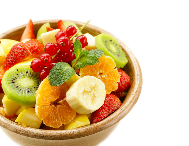 Fresh organic fruit salad (kiwi, strawberry, banana, currant, apple) - Photo, Image