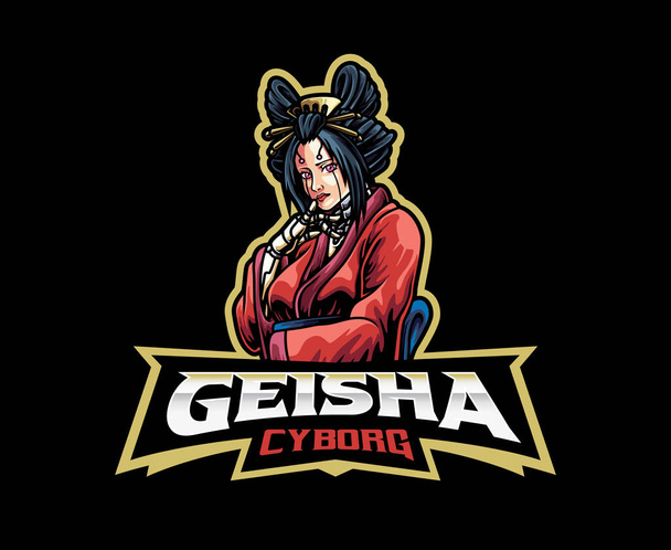 Diseño del logo de la mascota de la geisha Cyberpunk. Cyberpunk sci-fi Ilustración vectorial geisha japonesa. Ilustración del logotipo para la mascota o el símbolo y la identidad, los deportes emblema o el equipo de juego de deportes electrónicos - Vector, Imagen